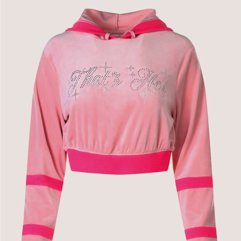 Blush pink Paris Hilton “that’s hot” velour hoodie and shorts set.